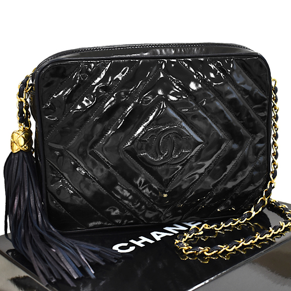 Chanel Chain Shoulder Bag Coco Mark Diamond Stitch Patent Leather Black - Picture 1 of 8